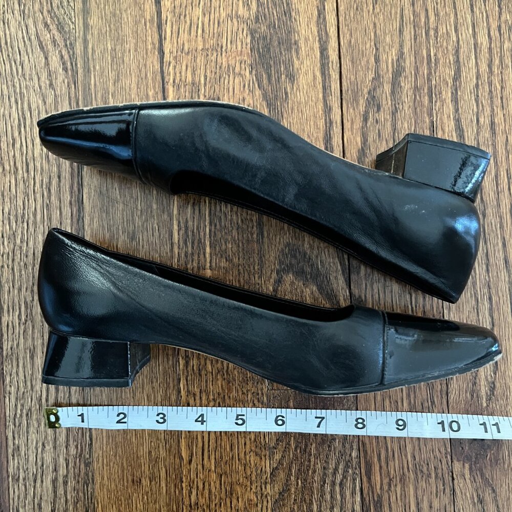 Etienne Aigner Black Leather/Patent Leather Heels Square Toe Twiggy Retro Chic 7 - Picture 7 of 7